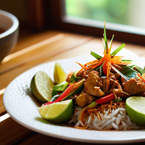 Vibrant Food Close-Up**

*   **Prompt:** "Close-up shot of delicious Thai food with bright, natural lighting. Focus on textures and colors. Window light, shallow depth of field. Garnishes, vibrant colors."

**