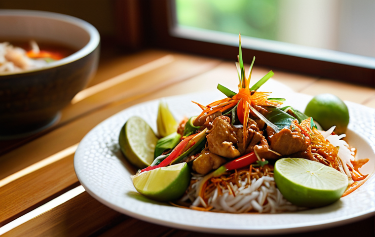 Vibrant Food Close-Up**

*   **Prompt:** "Close-up shot of delicious Thai food with bright, natural lighting. Focus on textures and colors. Window light, shallow depth of field. Garnishes, vibrant colors."

**