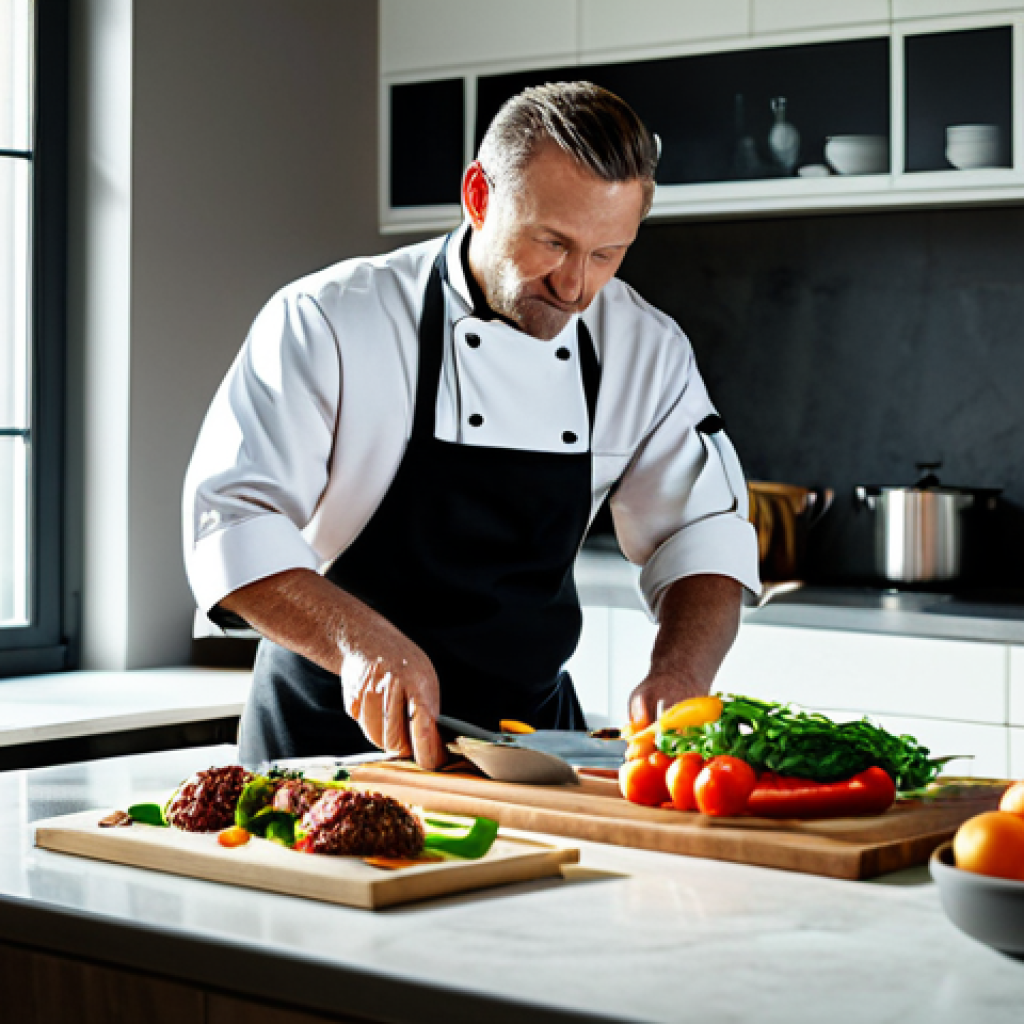 "A professional home chef, fully clothed in a chef's uniform, preparing a gourmet meal in a modern kitchen. Sunlight streams through the window, illuminating fresh ingredients. Perfect anatomy, correct proportions, natural pose, high quality, safe for work, appropriate content, professional."