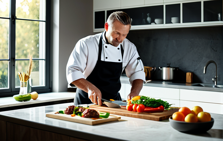 "A professional home chef, fully clothed in a chef's uniform, preparing a gourmet meal in a modern kitchen. Sunlight streams through the window, illuminating fresh ingredients. Perfect anatomy, correct proportions, natural pose, high quality, safe for work, appropriate content, professional."