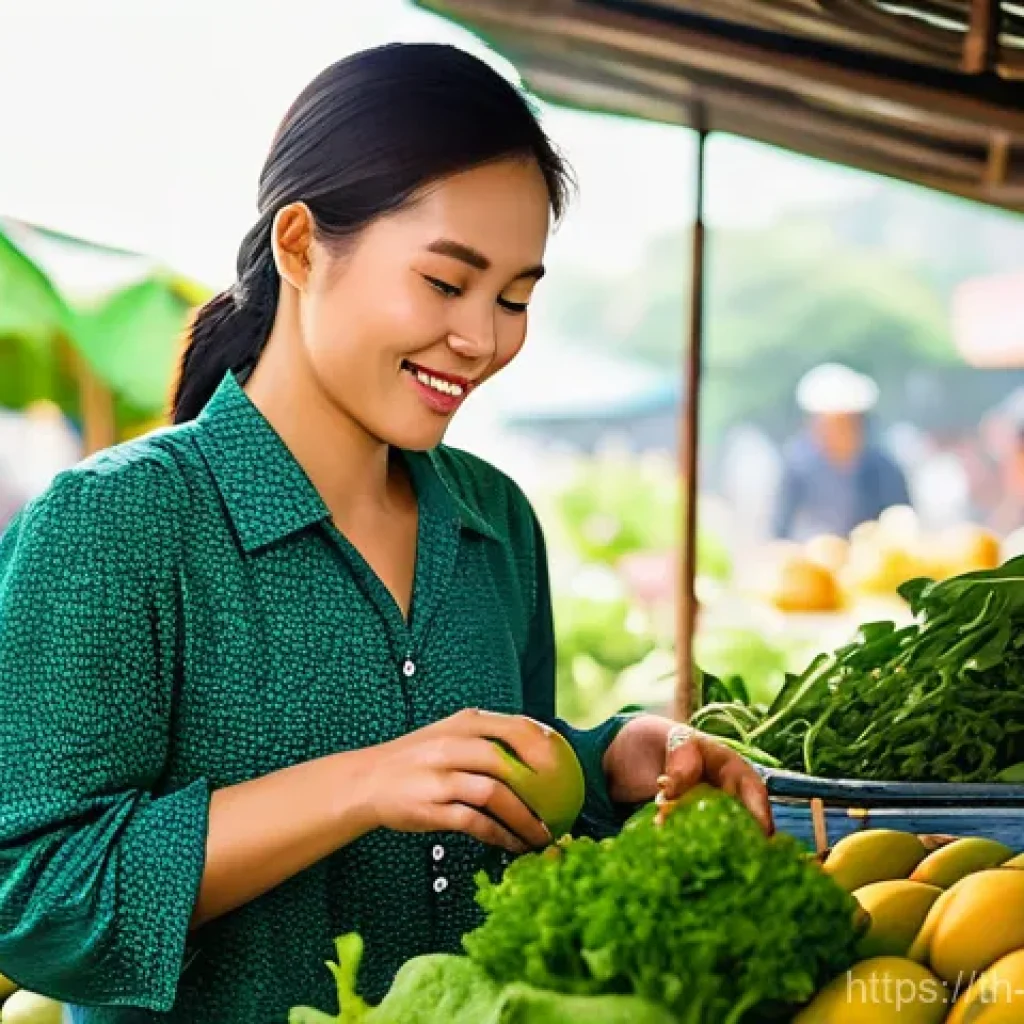 건강과 안전을 고려한 식사 관리 - **Prompt:** A cheerful Thai woman in her late 20s to early 30s, dressed in a comfortable, modest blo...