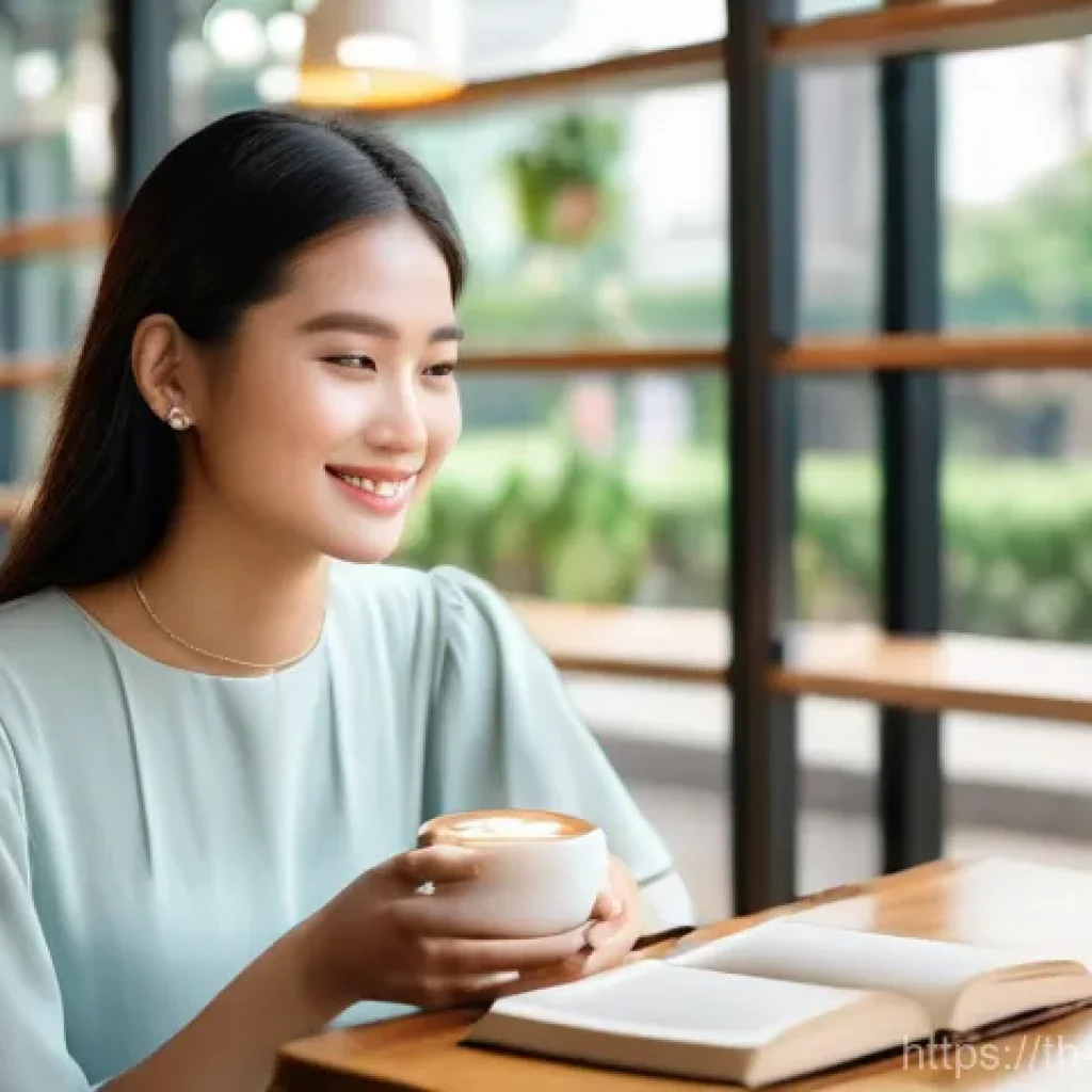 커뮤니티 식사에서의 대화 주제 제안 - **Prompt 1: Serene Cafe Morning in Bangkok**
A stylish young woman, in her early twenties, is en...