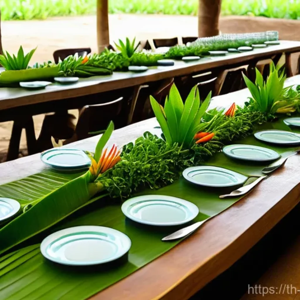 커뮤니티 식사에서의 친환경 요소 적용 방법 - **Prompt 1: "A lively community gathering in a verdant, open-air setting, showcasing a 'Green Cateri...