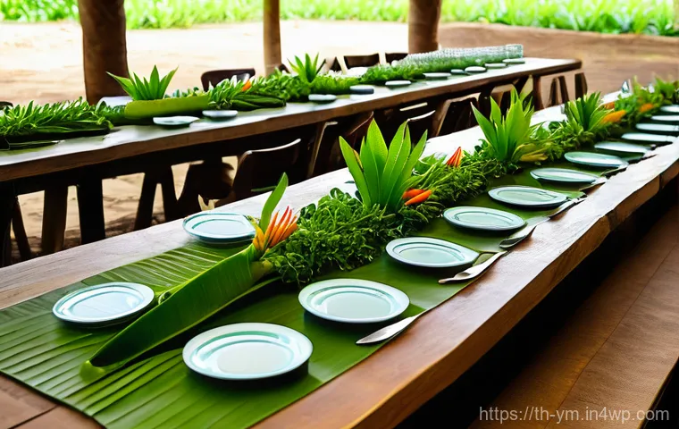 커뮤니티 식사에서의 친환경 요소 적용 방법 - **Prompt 1: "A lively community gathering in a verdant, open-air setting, showcasing a 'Green Cateri...