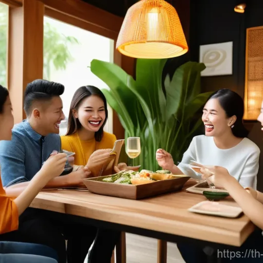 온라인 플랫폼을 활용한 커뮤니티 식사 계획하기 - A diverse group of cheerful Thai friends, dressed in stylish casual wear, gathered around a large wo...
