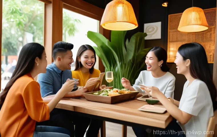 온라인 플랫폼을 활용한 커뮤니티 식사 계획하기 - A diverse group of cheerful Thai friends, dressed in stylish casual wear, gathered around a large wo...