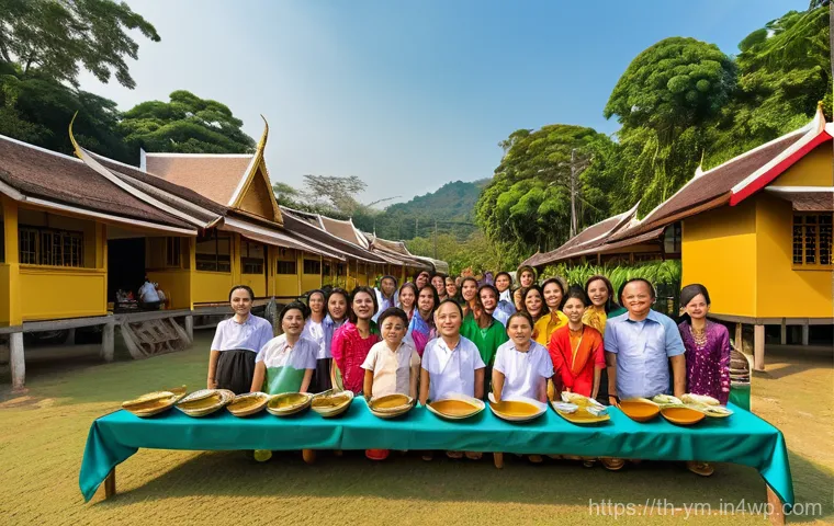 커뮤니티 식사에서의 기부 문화 형성하기 - **A heartwarming scene of community food sharing in a vibrant Thai setting.** Various generations of...