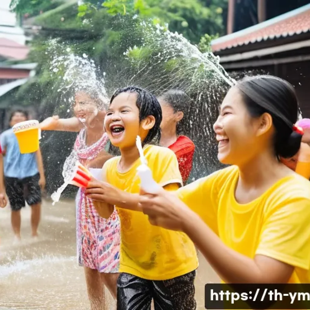 주말 커뮤니티 식사 기획 아이디어 - **Prompt:** A vibrant and joyful Songkran festival scene in a Thai neighborhood. Families are playfu...
