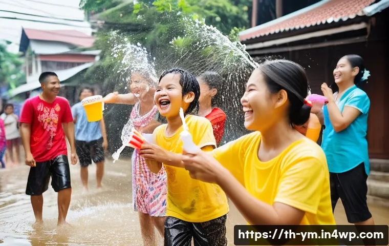 주말 커뮤니티 식사 기획 아이디어 - **Prompt:** A vibrant and joyful Songkran festival scene in a Thai neighborhood. Families are playfu...