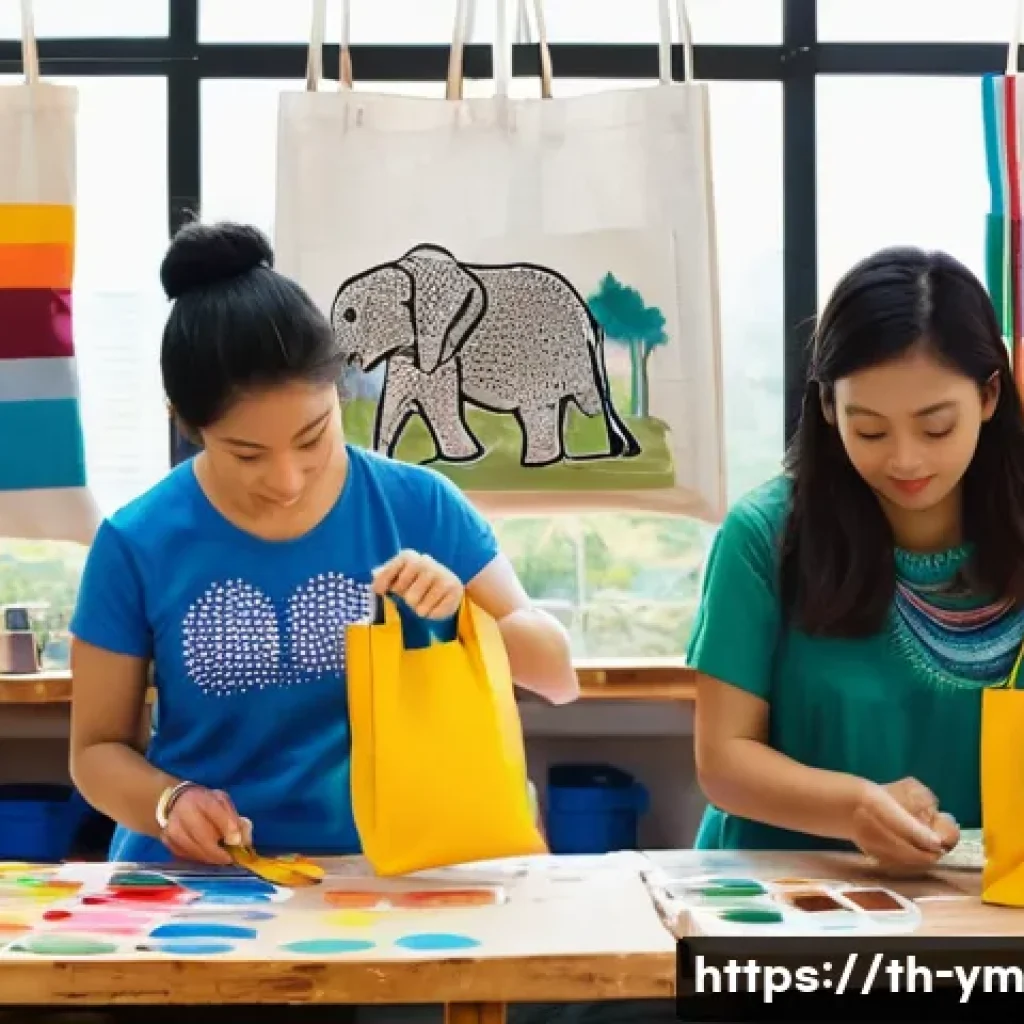 식사 이외의 활동 계획으로 커뮤니티 활성화하기 - **Prompt:** A cozy, brightly lit indoor scene of a fabric bag painting workshop in Thailand. A diver...