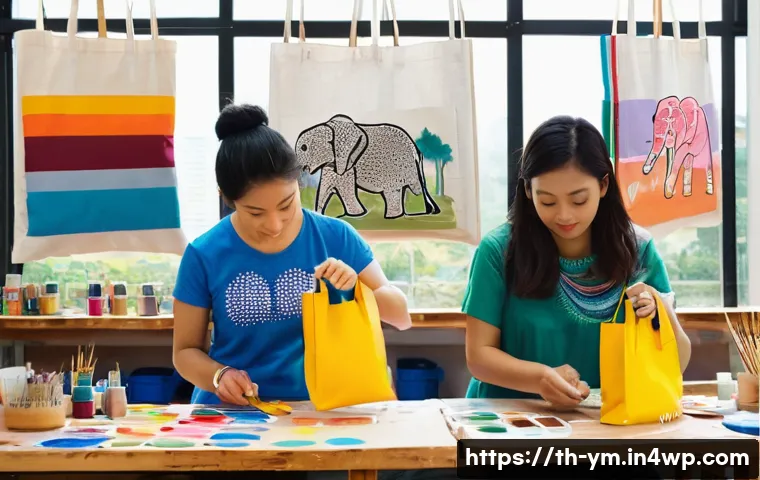 식사 이외의 활동 계획으로 커뮤니티 활성화하기 - **Prompt:** A cozy, brightly lit indoor scene of a fabric bag painting workshop in Thailand. A diver...
