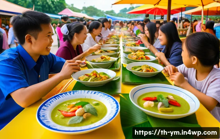 커뮤니티 식사에 필요한 사전 준비 사항 - **Prompt 1: "A vibrant outdoor community food festival in Thailand, bustling with diverse people of ...