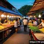 Home 22 커뮤니티 식사 후기 작성 방법 - A vibrant Thai community street food market scene during early evening, showcasing clean and well-or...