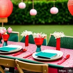 Home 20 이색적인 테마로 커뮤니티 식사 기획하기 - A vibrant Thai-themed modern food party scene set outdoors in the evening, featuring elegantly plate...