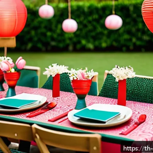Home 32 이색적인 테마로 커뮤니티 식사 기획하기 - A vibrant Thai-themed modern food party scene set outdoors in the evening, featuring elegantly plate...