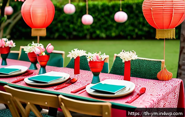 이색적인 테마로 커뮤니티 식사 기획하기 - A vibrant Thai-themed modern food party scene set outdoors in the evening, featuring elegantly plate...