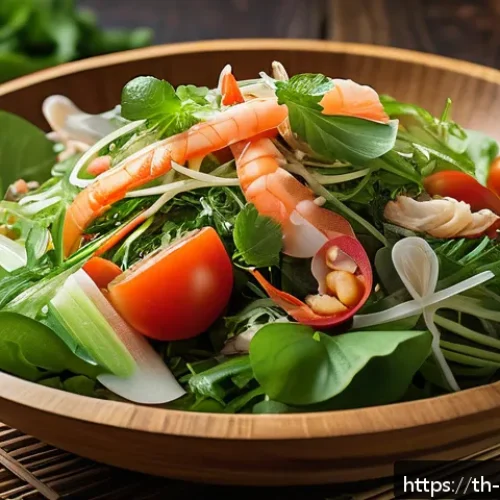 Home 31 계절별 커뮤니티 식사 주제 아이디어 - A vibrant Thai seasonal salad featuring fresh green leafy vegetables, local cabbage, and ripe tomato...