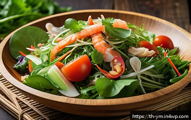 계절별 커뮤니티 식사 주제 아이디어 - A vibrant Thai seasonal salad featuring fresh green leafy vegetables, local cabbage, and ripe tomato...