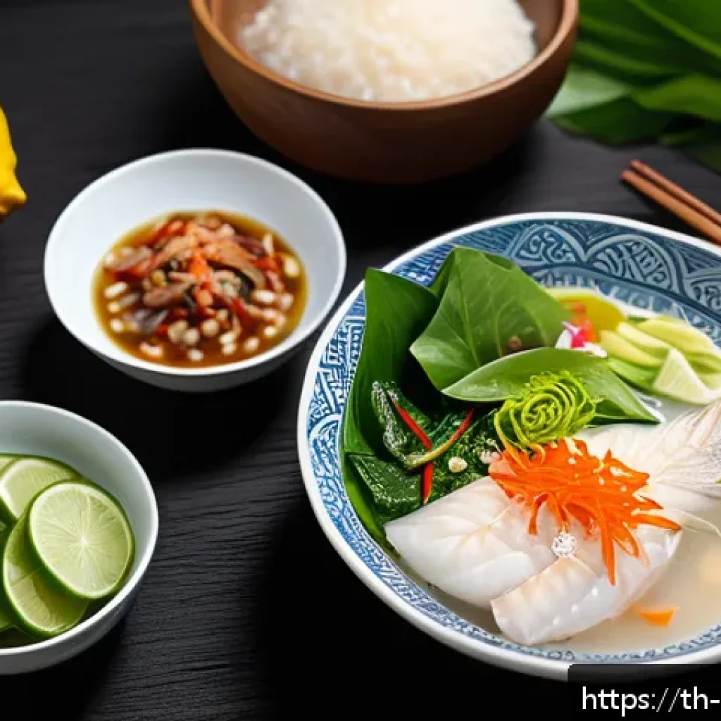 참여자 맞춤형 식사 안내 방법 - A vibrant Thai-style healthy breakfast scene featuring a steaming bowl of fish congee served with fr...