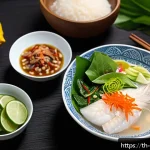 Home 23 참여자 맞춤형 식사 안내 방법 - A vibrant Thai-style healthy breakfast scene featuring a steaming bowl of fish congee served with fr...